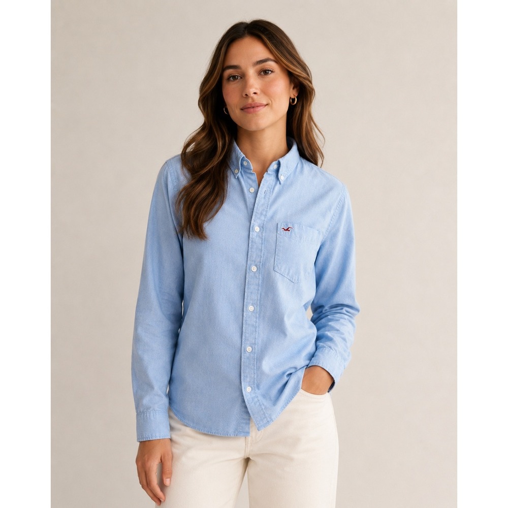 Hollister Mens XL Light Blue Oxford Button Down Shirt Long Sleeve Seagull Logo - Picture 8 of 9